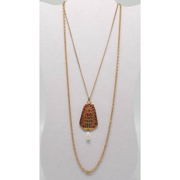 Stained Glass Inspired Pendant Necklace With Faux Pearl Drop On Long Gold Tone - Picture 1 of 5